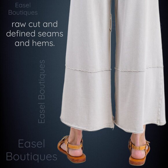 EASEL “Flower Path” Mineral Washed Pants Wide Leg Cozy Relax Fit Raw Seams, Hems - Picture 7 of 14